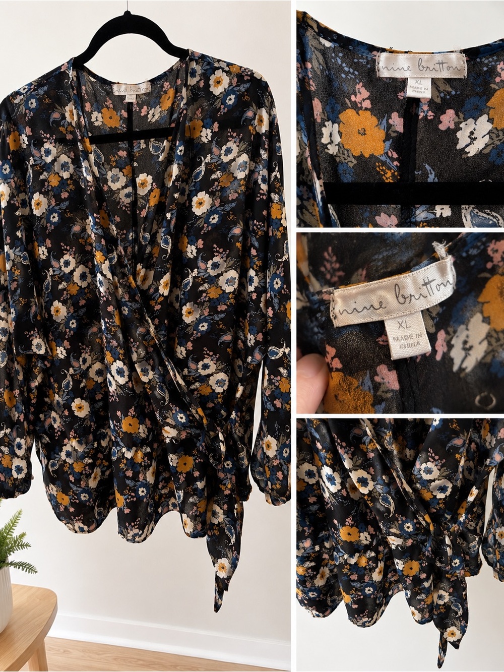 nine britton Black Floral Wrap Blouse with Mustard, Blue & Cream